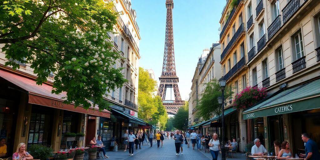 Scène de rue animée à Paris avec la Tour Eiffel.