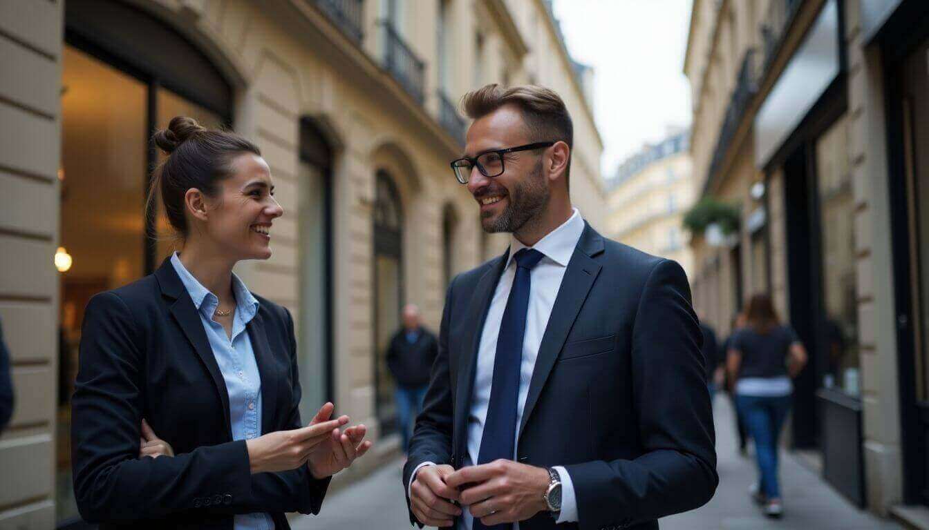 Real estate hunter with clients in front of Paris building.