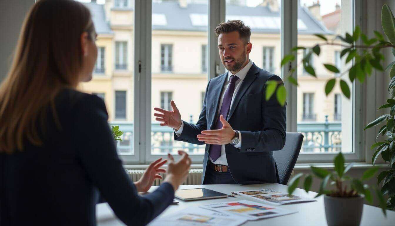 Parisian real estate hunter consulting with a client.