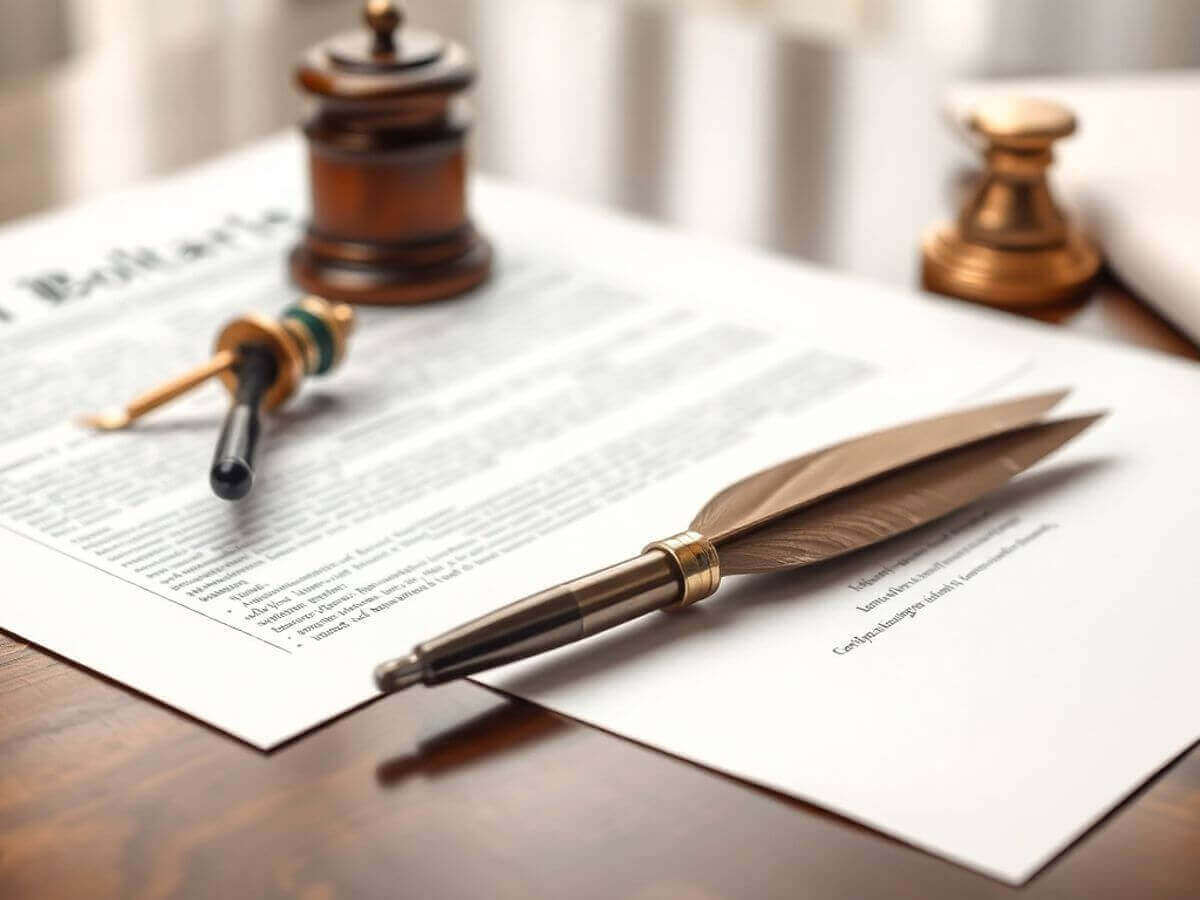 Bureau d'un notaire avec documents légaux et plume.