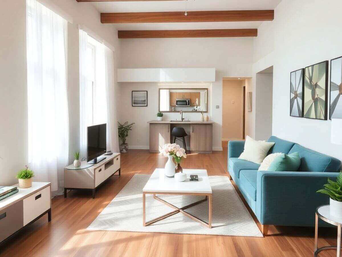 Salon lumineux et accueillant avec mobilier élégant.