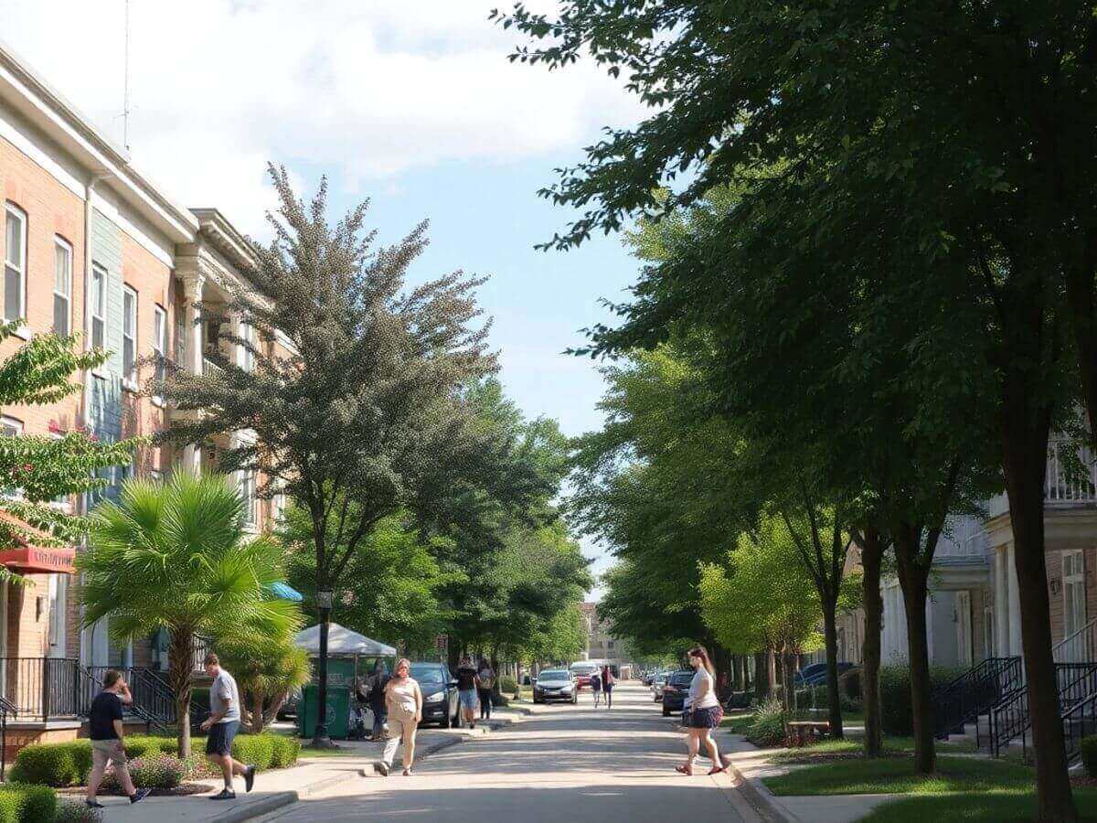 Quartier résidentiel animé avec arbres et bâtiments.