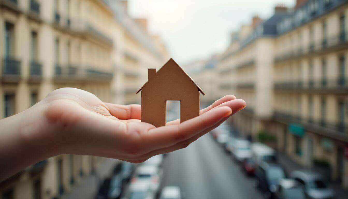 Main tenant une petite maison en carton dans la ville.