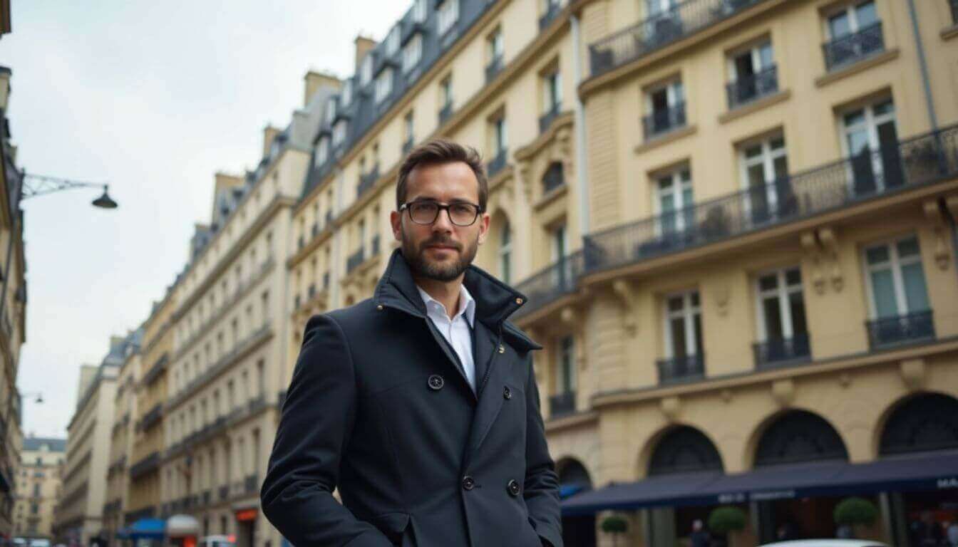 Chasseur d'appartement devant un immeuble parisien