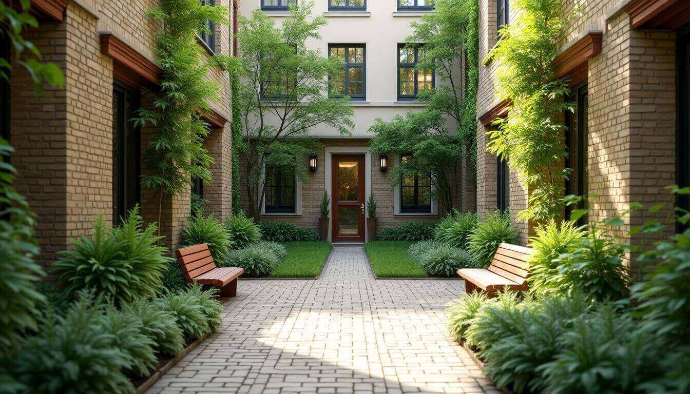 Jardin commun et entrée d'un immeuble à appartements