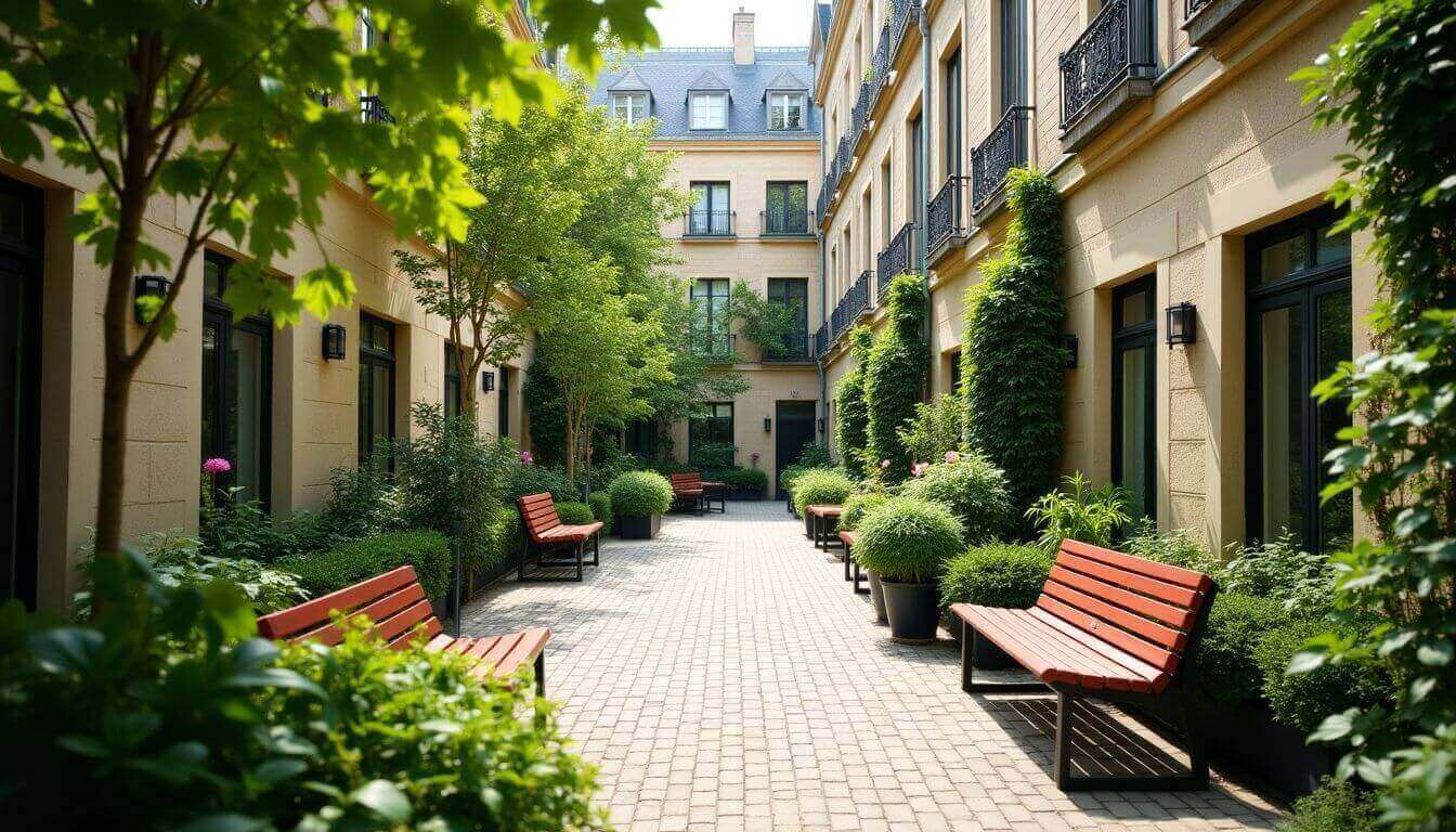 Jardin commun avec bancs dans un cadre parisien