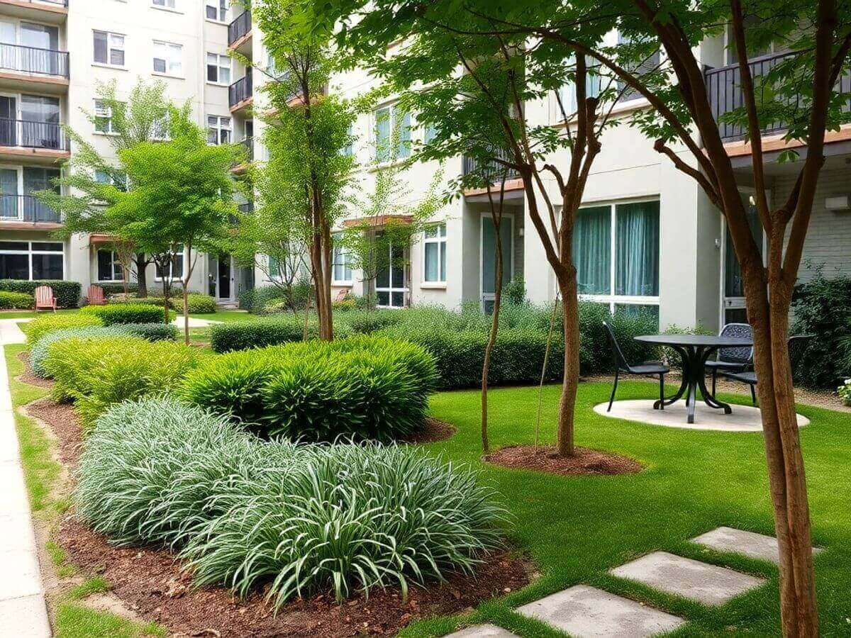 Espace vert partagé d'une copropriété avec bancs.