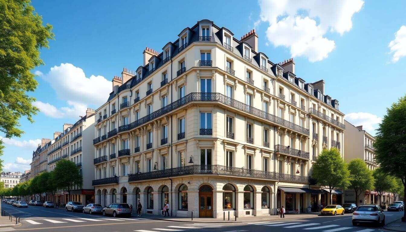 Façade majestueuse d'un hôtel particulier à Paris, idéale pour une vente à la découpe, avec jardins soignés et architecture classique.