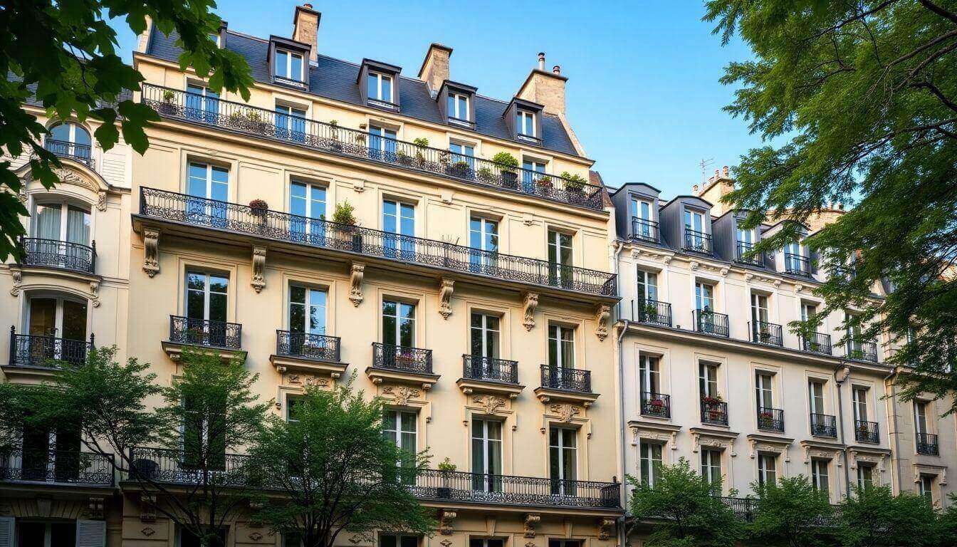 Copropriété élégante à Paris, avec une cour en pavés et une belle fontaine, entourée de fenêtres lumineuses.