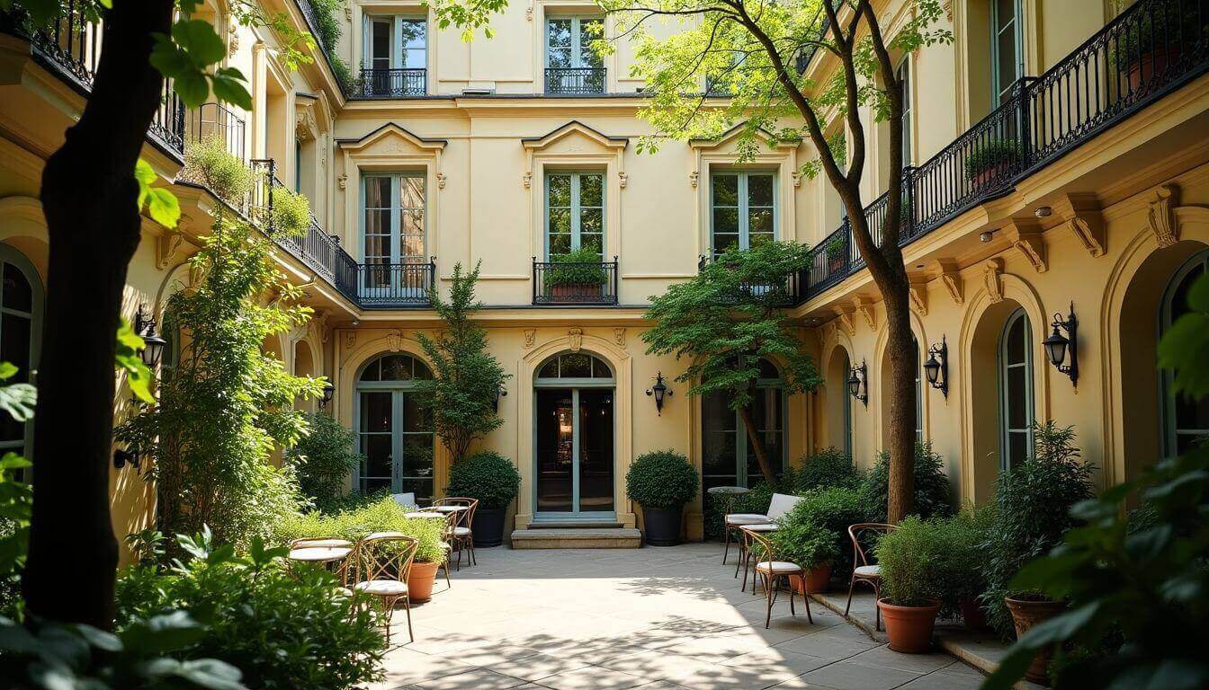 Façade élégante d'un immeuble en briques à Paris, avec balcons en fer forgé et ornements architecturaux raffinés, illustrant un potentiel règlement de copropriété.