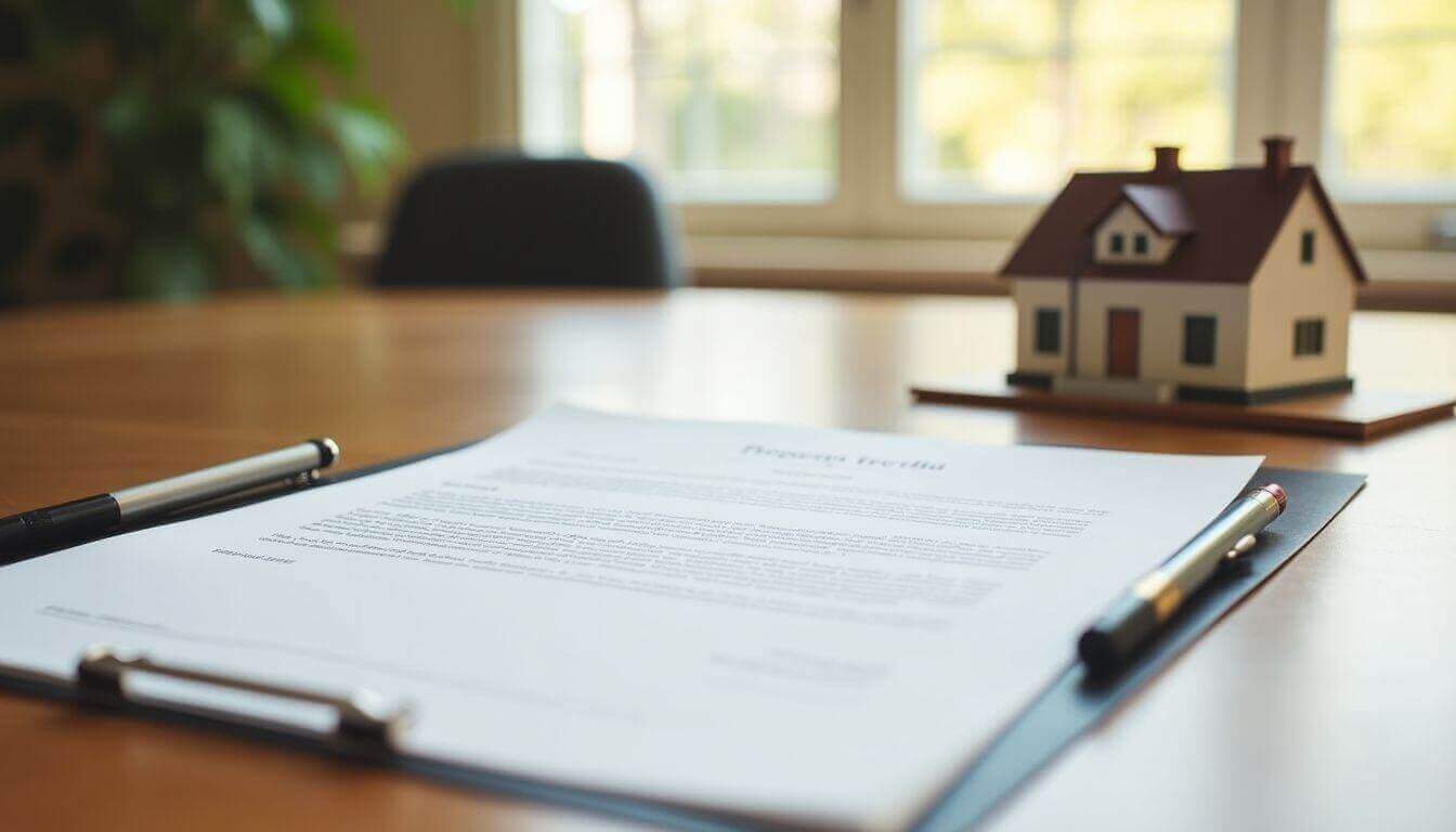 Document de titre de propriété et maquette de maison sur bureau.