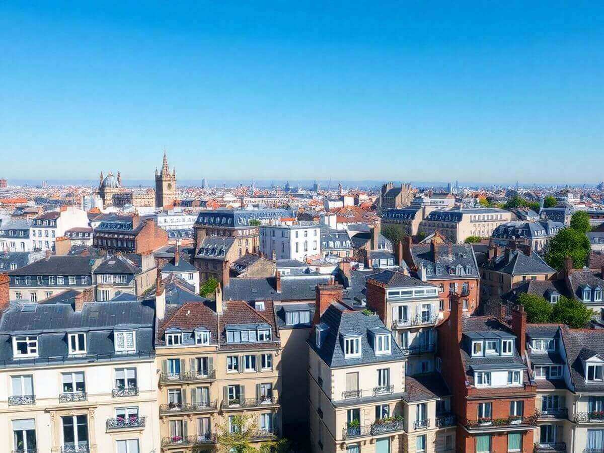 Vue aérienne de Paris avec divers bâtiments résidentiels.