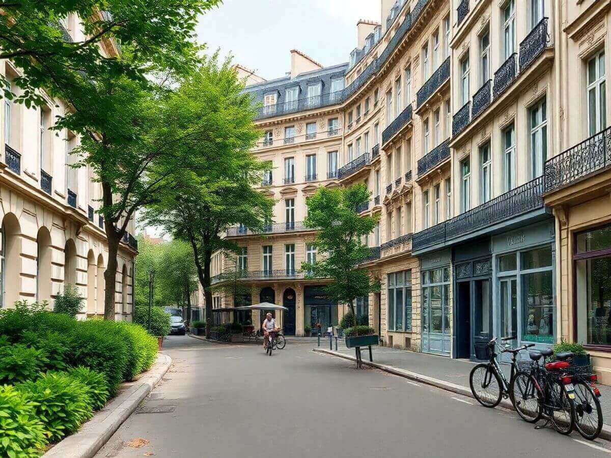 Vue de Paris avec bâtiments écoénergétiques et verdure.