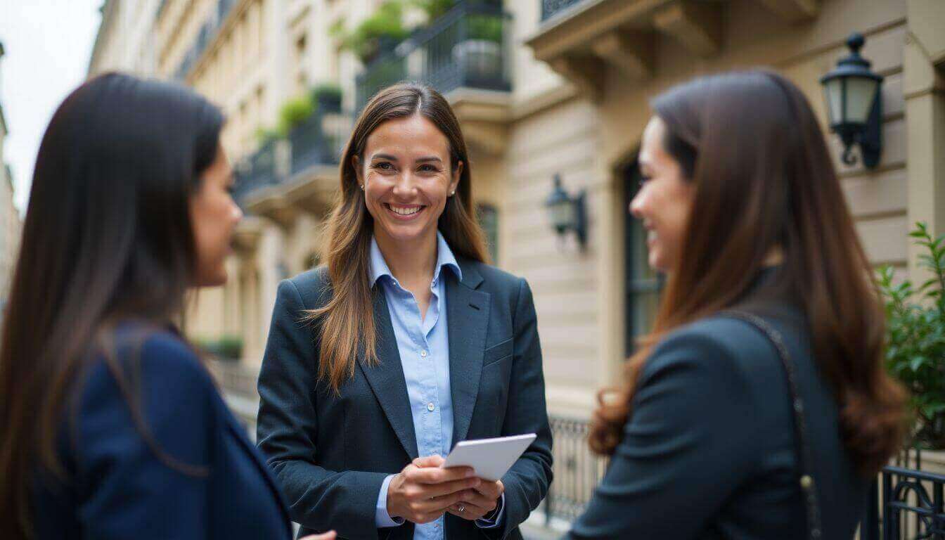 Agent immobilier avec des clients devant un immeuble