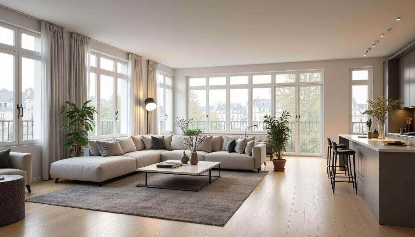 Salon moderne avec de grandes fenêtres et une décoration élégante
