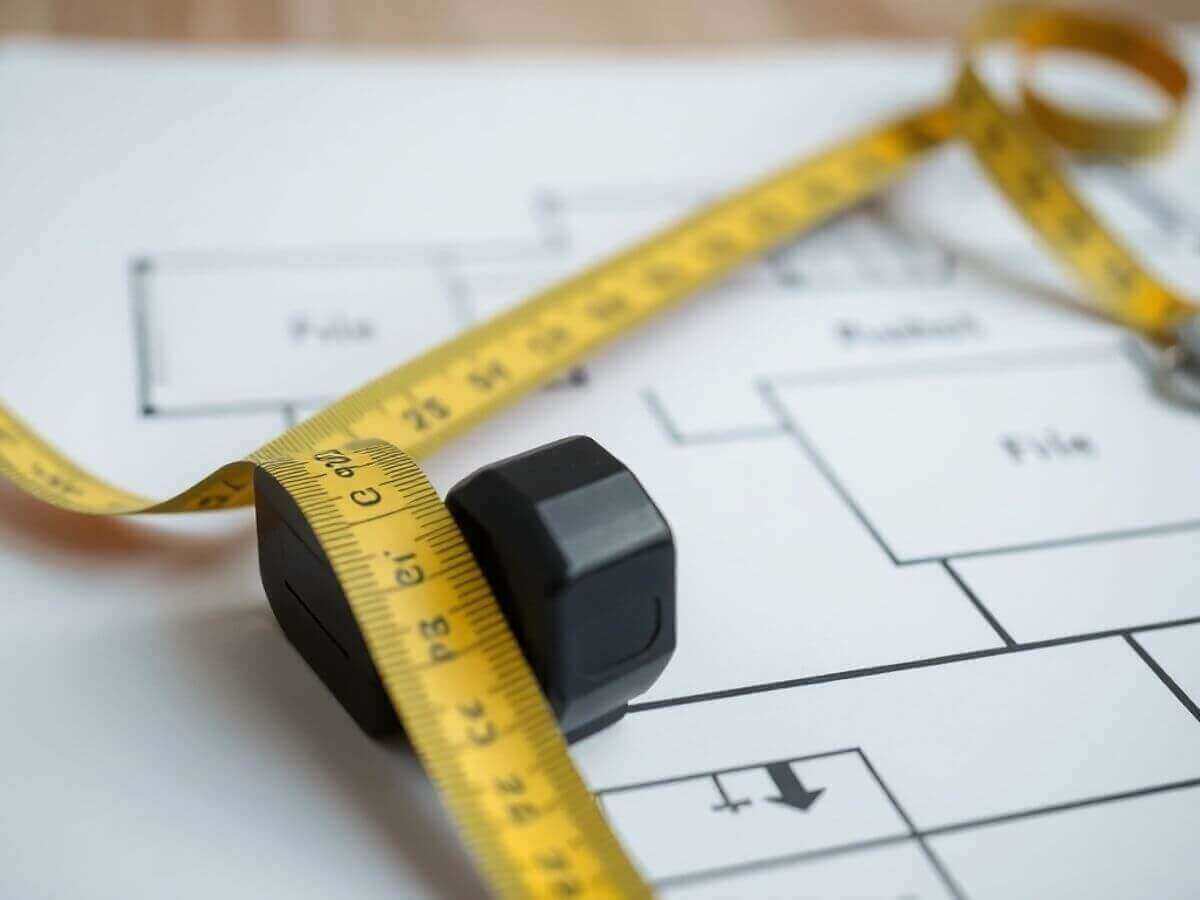 Ruban à mesurer sur un plan d'étage en immobilier.