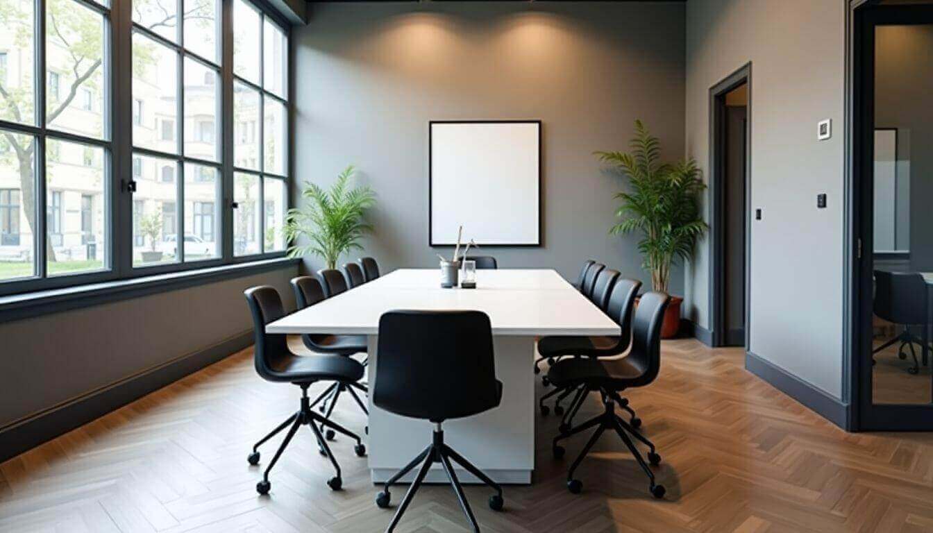 Salle de conférence moderne avec une grande table et des chaises