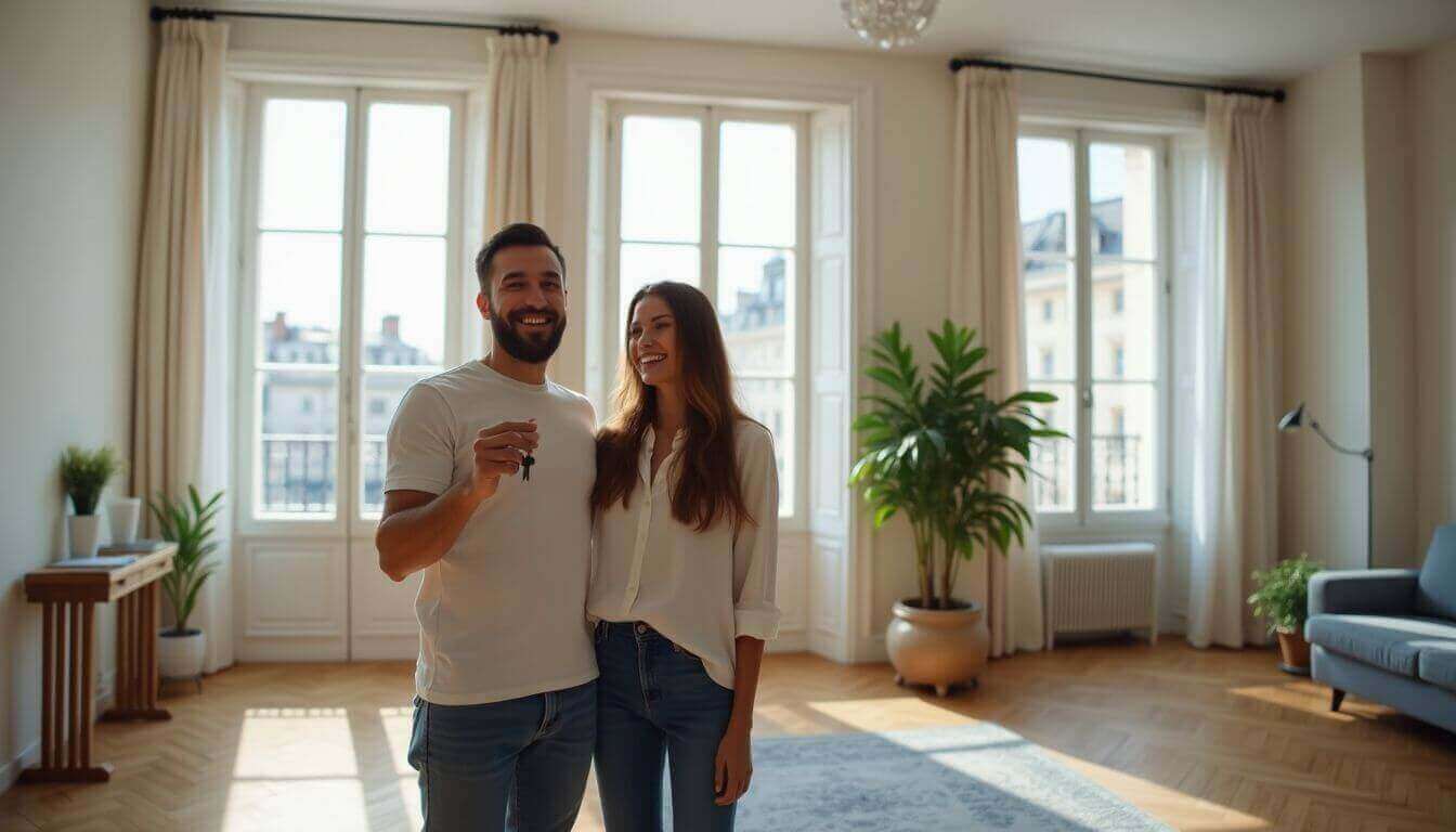 Couple viewing a Parisian apartment with a key.