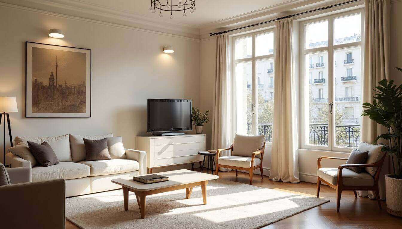  Salon lumineux et élégant avec un mobilier moderne et de grandes fenêtres.