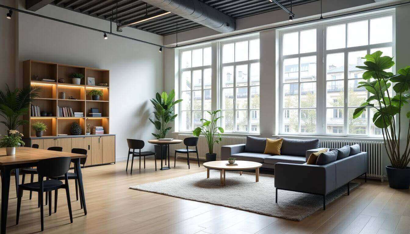 Intérieur de bureau moderne à Paris, mettant en valeur flexibilité et style