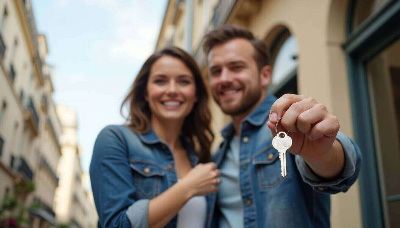 Couple with keys to their new apartment in Paris.