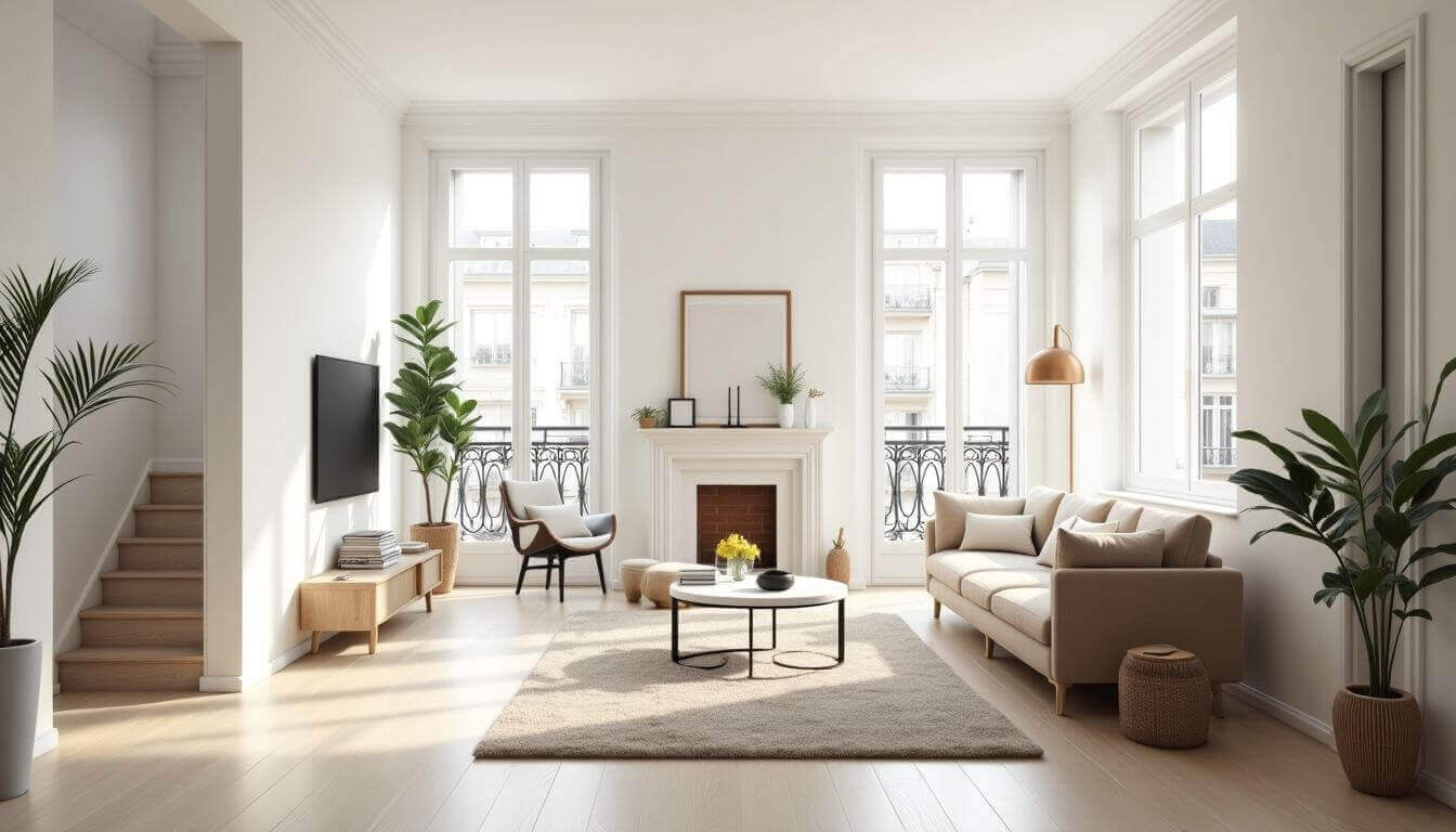 Intérieur d'appartement parisien minimaliste avec une lumière naturelle vive