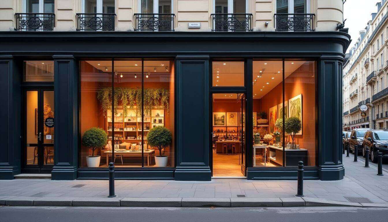 Modern commercial space in Paris with large windows.