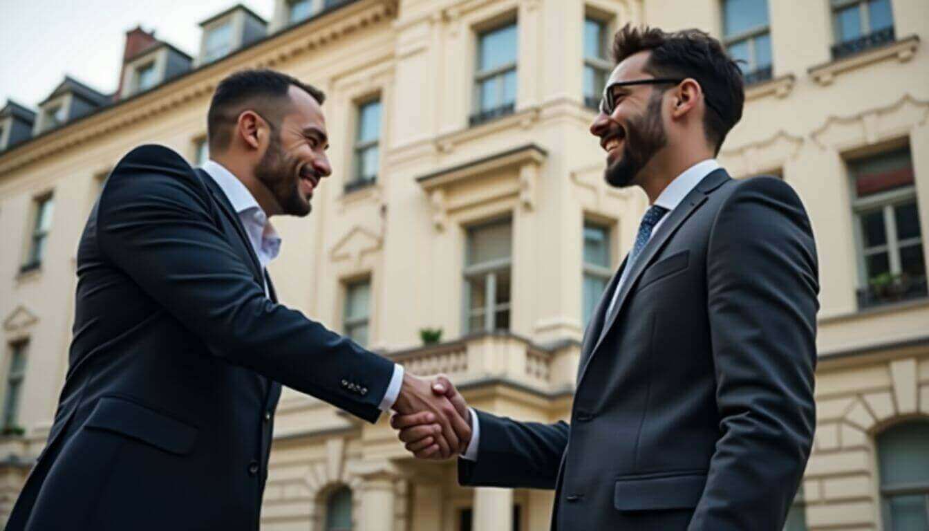 Deux personnes se serrant la main devant un immeuble haussmannien