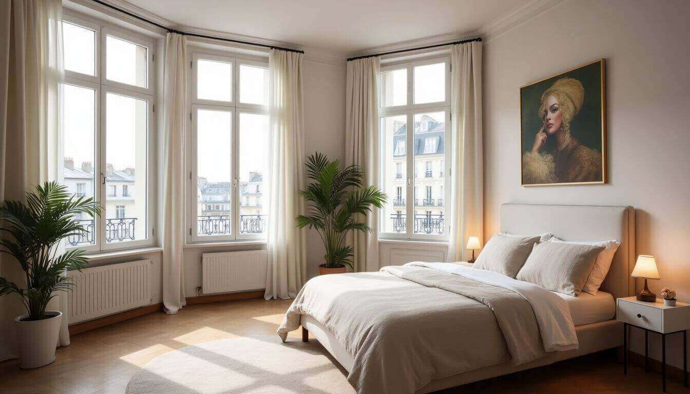  Chambre d'appartement parisien lumineuse avec grandes fenêtres et décoration