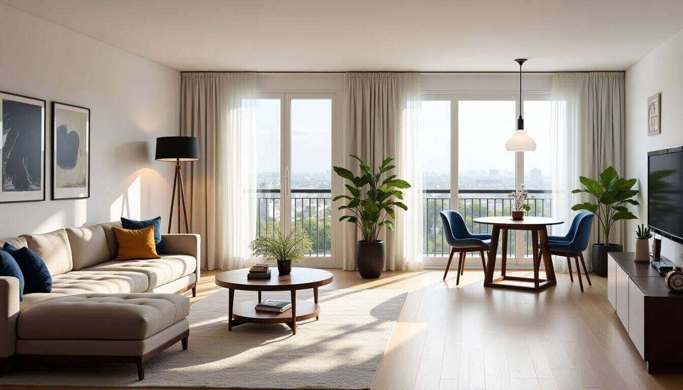 Salon moderne avec de grandes fenêtres et des meubles élégants