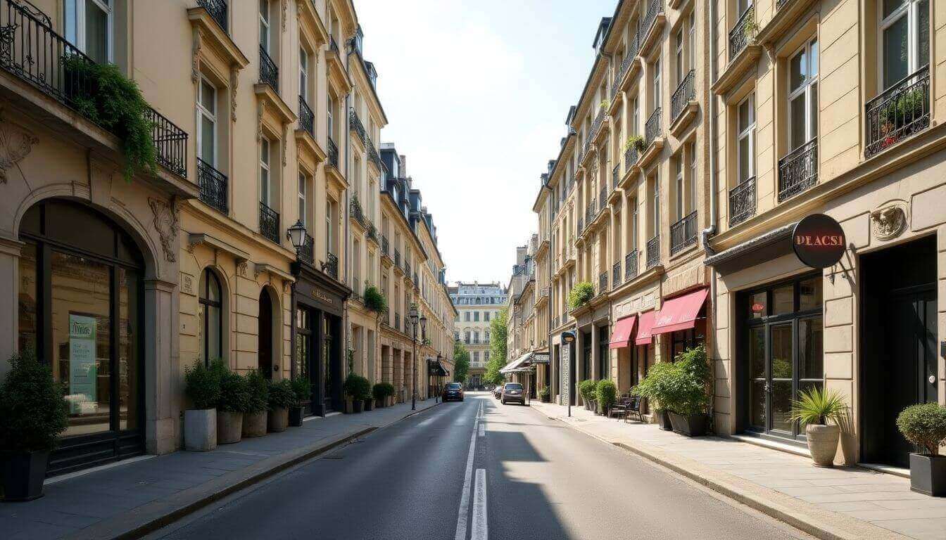 Rue calme bordée d'immeubles et de commerces de charme