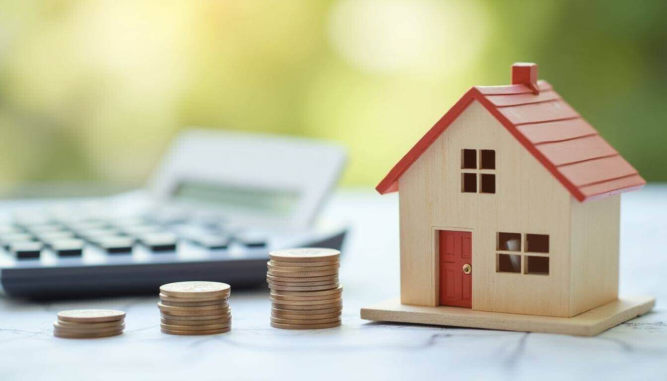 Scène de planification financière avec modèle de maison et calculatrice