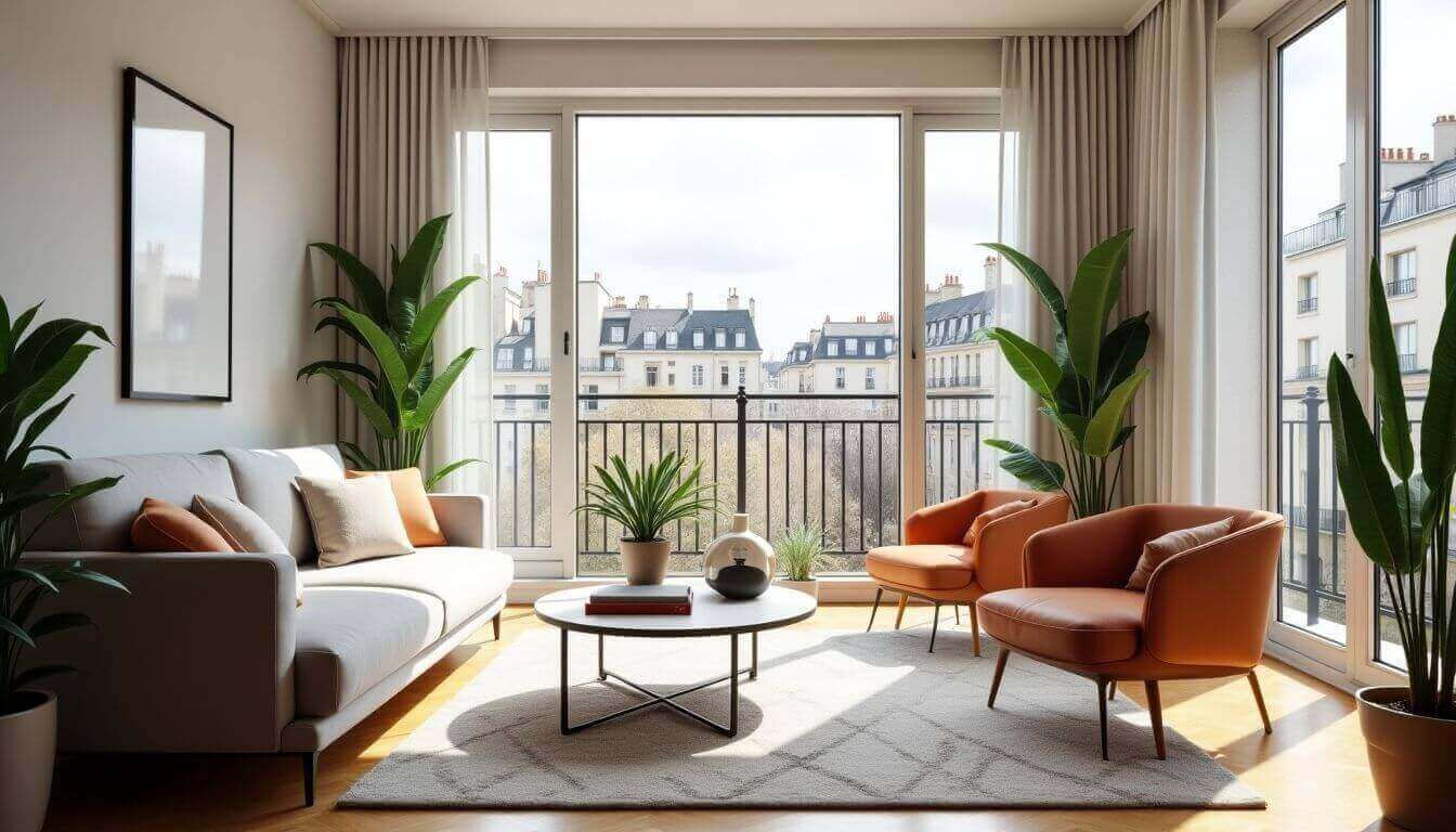Bright Parisian apartment interior with modern decor and light.