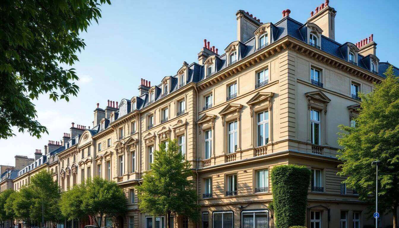 Élégant bâtiment historique avec arbres et ciel bleu en toile de fond