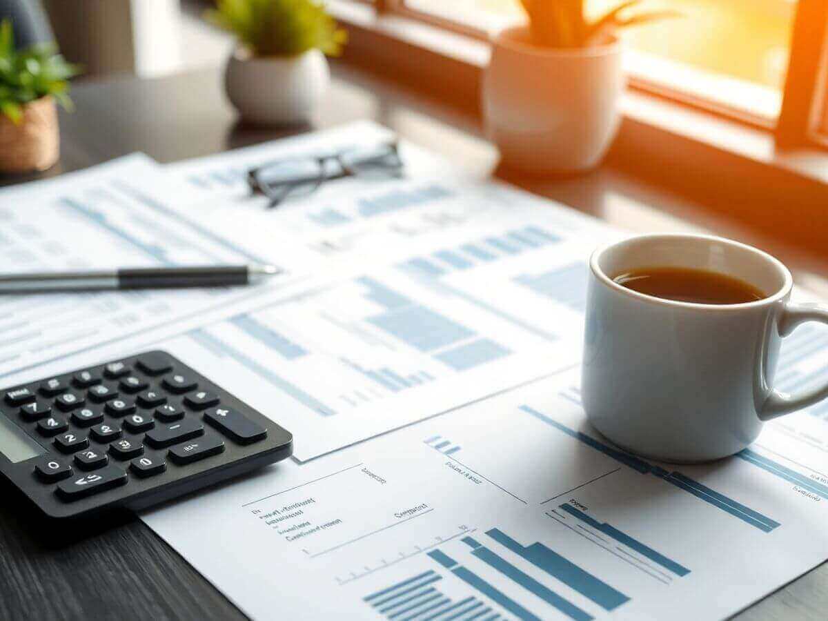 Bureau moderne avec documents financiers et calculatrice.