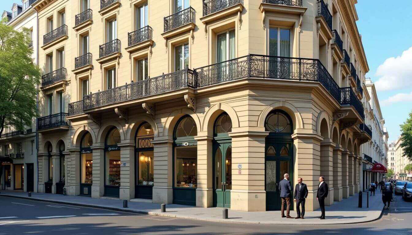Immeuble haussmannien avec deux personnes discutant d'investissement