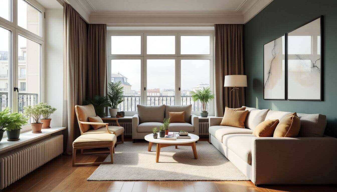 Intérieur d'appartement parisien moderne avec lumière naturelle