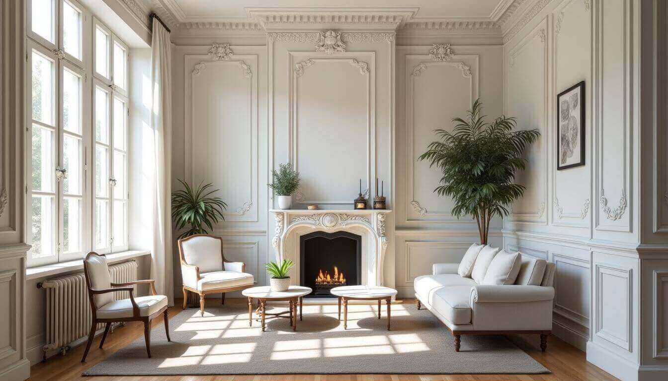 Intérieur élégant d'un appartement haussmannien avec moulures et mobilier