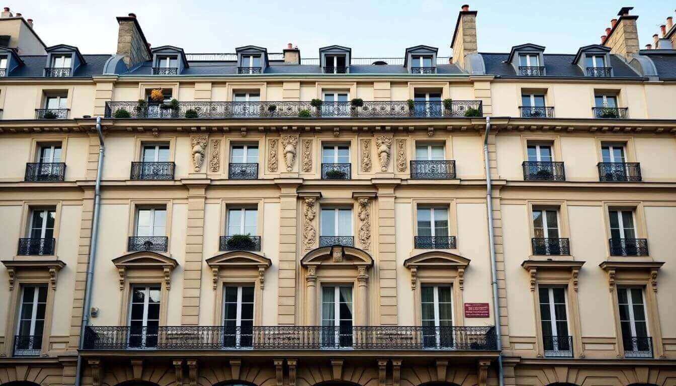 Élégant bâtiment parisien avec des détails architecturaux ornés et des balcons