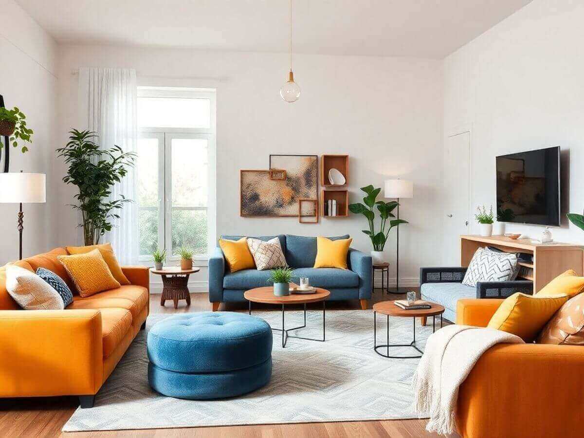 Salon moderne partagé par des colocataires heureux.