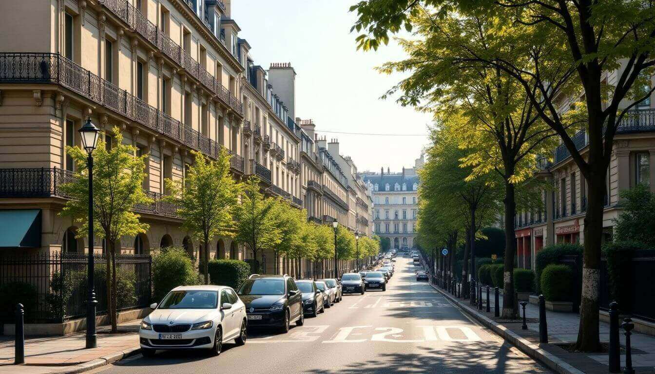 Quartier parisien calme avec une architecture élégante et des arbres