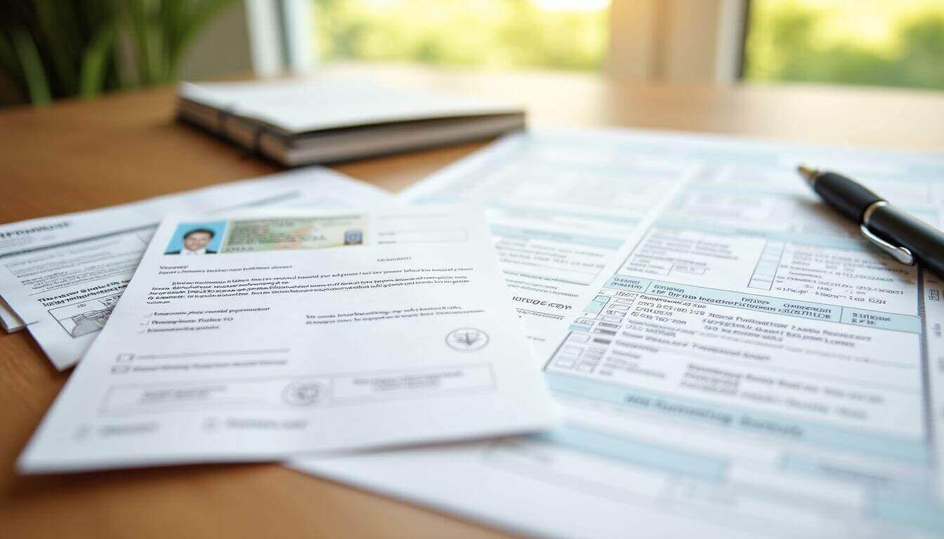 Documents et formulaires disposés sur une table en bois
