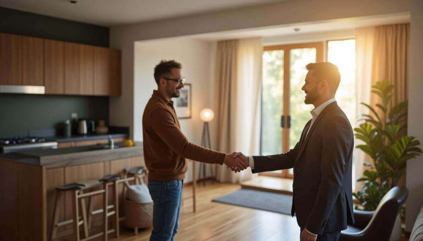  Poignée de main entre propriétaire et locataire dans un appartement confortable