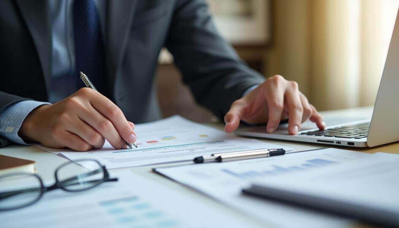 Professionnel des affaires examinant les documents immobiliers en toute confiance