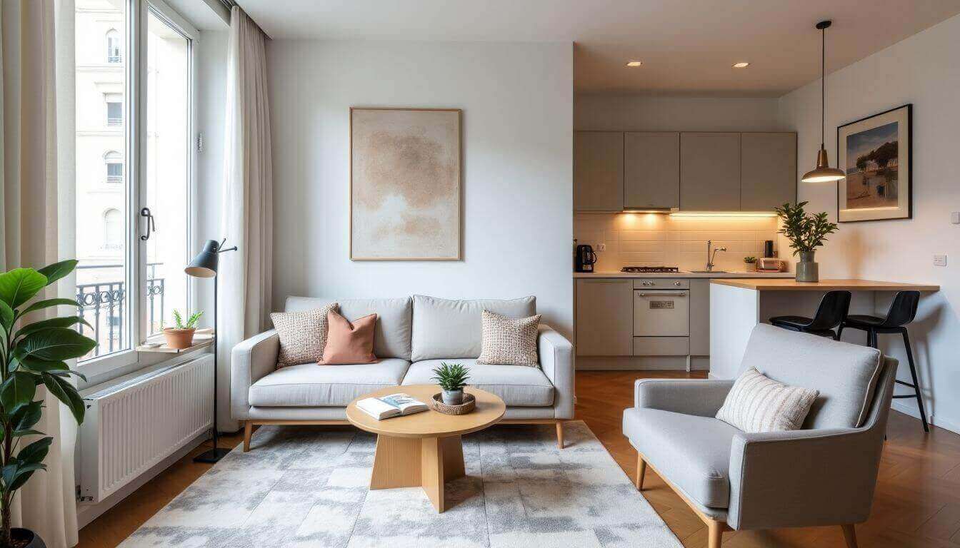 Salon moderne avec mobilier élégant et coin cuisine