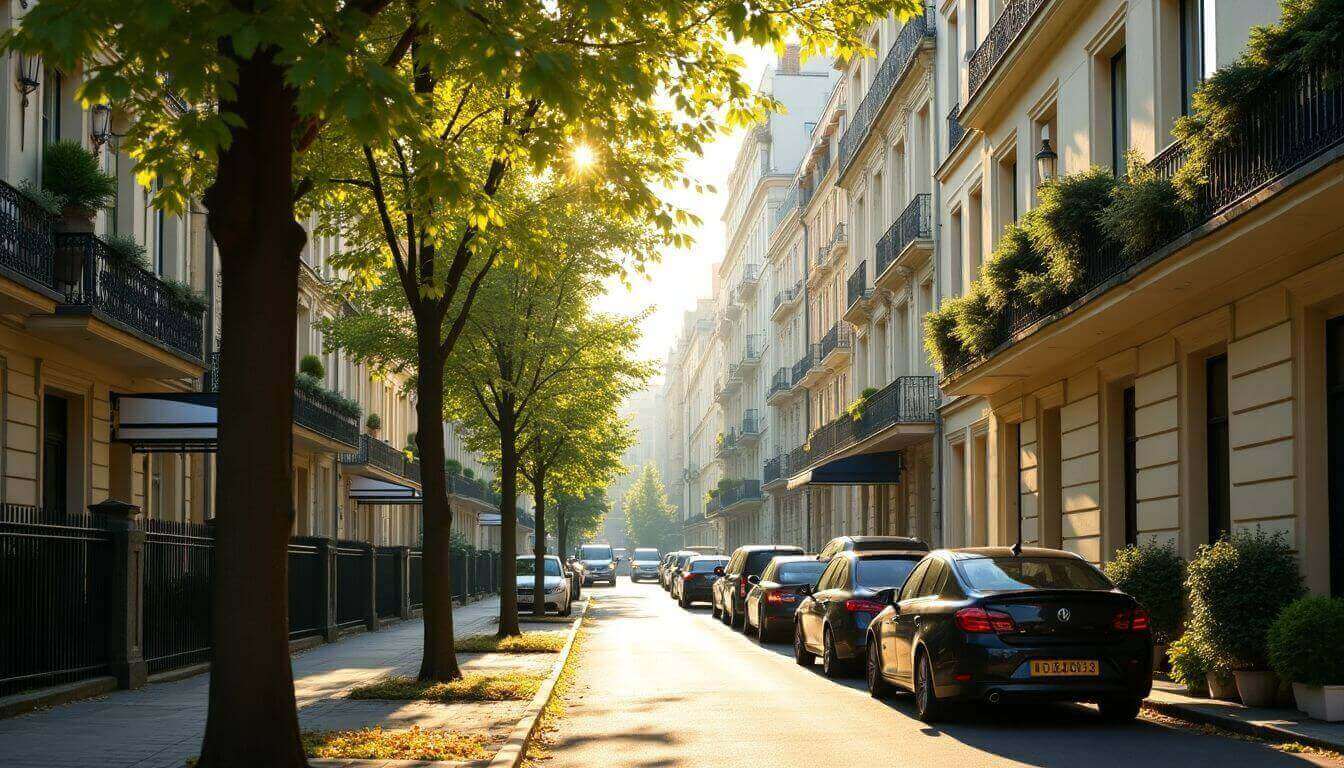 Quartier parisien calme avec des immeubles élégants et des arbres