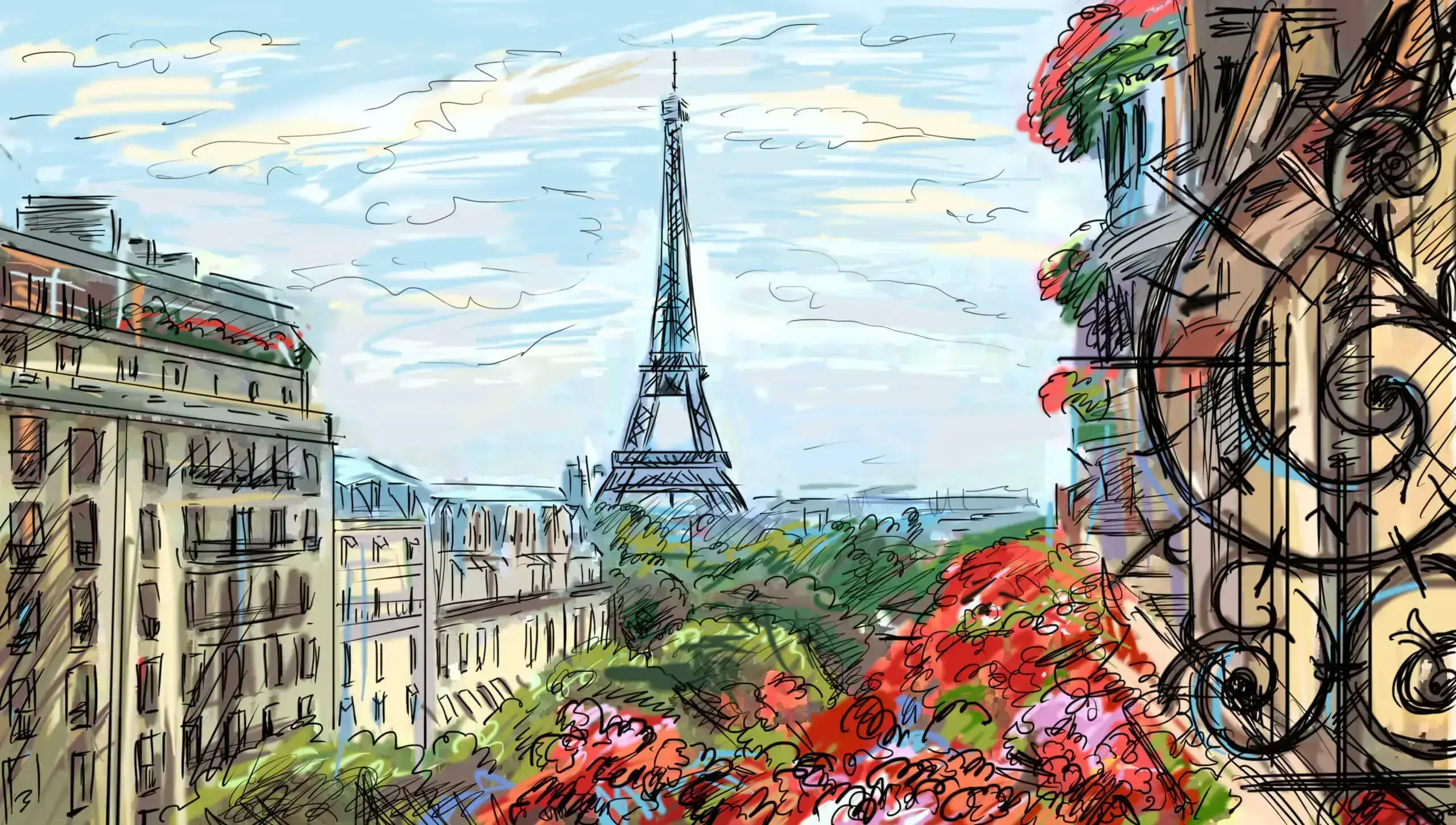 Balcon fleuri avec vue sur la Tour Eiffel, offrant un cadre charmant d'un appartement à Paris.