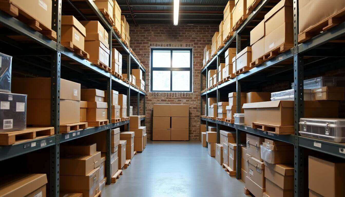 Cave organisée avec étagères et conteneurs de rangement.