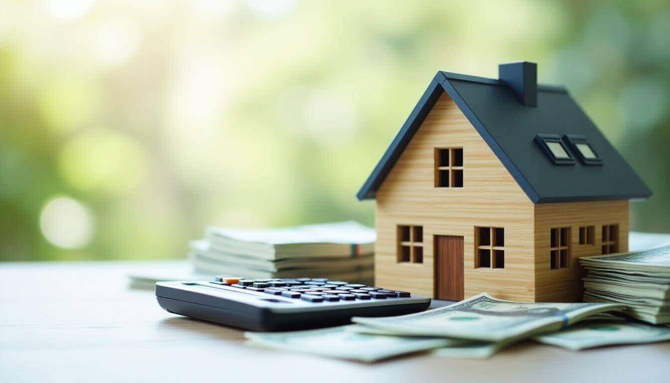 Maison, calculatrice et argent pour les taxes immobilières.