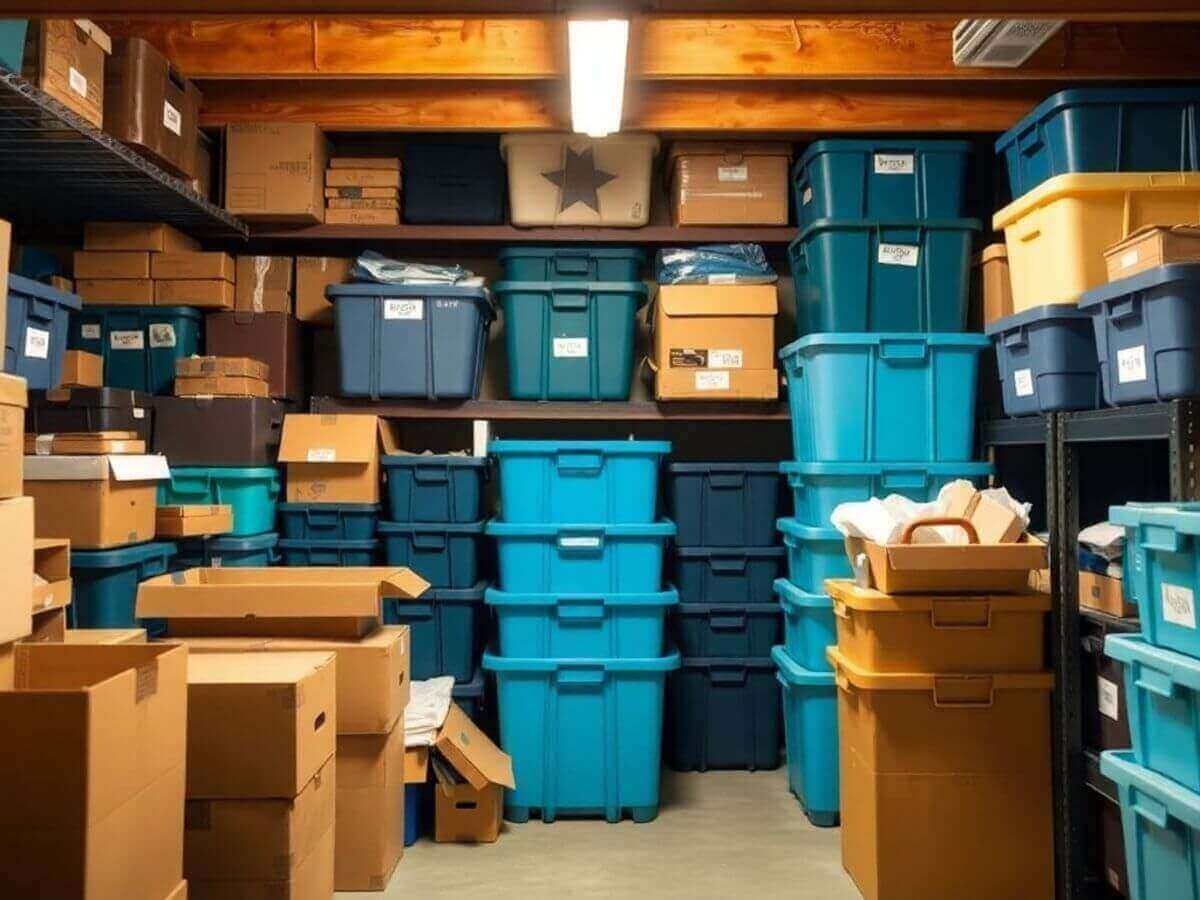 Cave bien organisée avec des boîtes et des conteneurs.